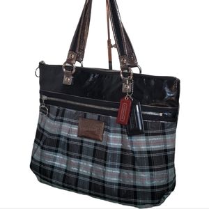 Coach Poppy Tartan Plaid Shoulder Tote Bag Lurex Black Patten Leather 15886